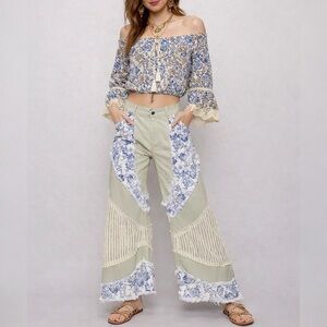 POL Denim Pants with Contrasting Floral and Crochet Panels in Pistachio Sz M NWT